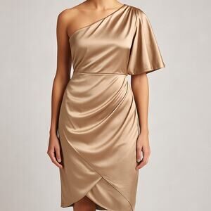 Sincerely Jules Satin Wrap Dress Small Champagne One Shoulder Silky Asymmetric